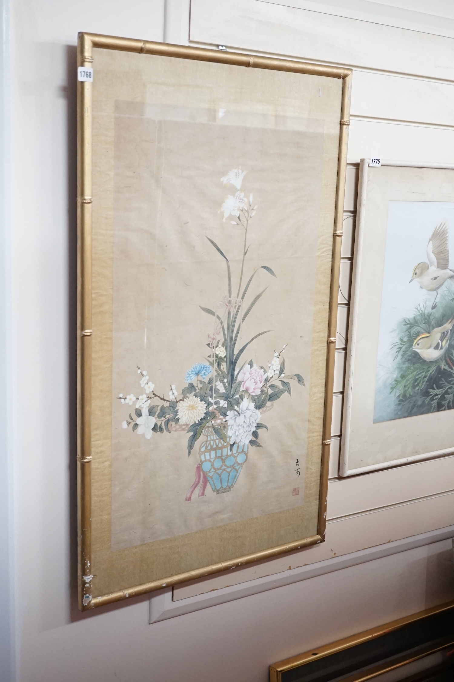 Chinese School, gouache and watercolour on paper, Still life of flowers in a hanging basket, signed, 82 x 46cm